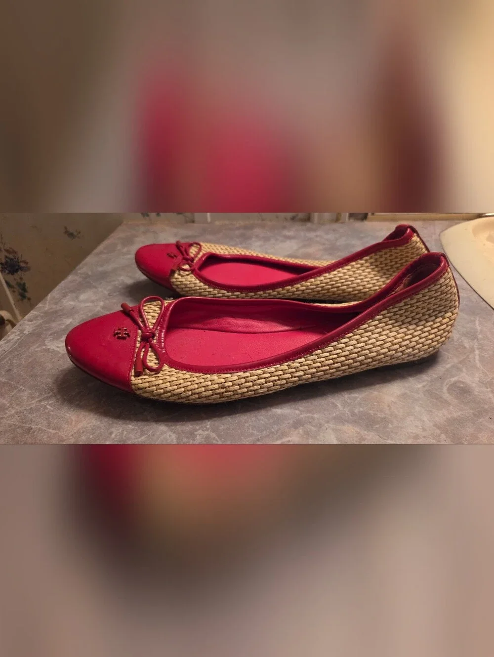 Tory Burch Red Patent Leather Bow Raffia Ballet Flats